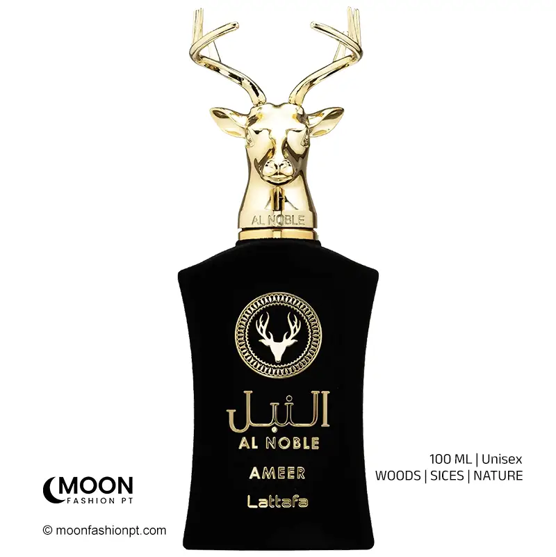 Full view of the Lattafa Al Noble Ameer black velvet bottle featuring the iconic gold deer head cap.