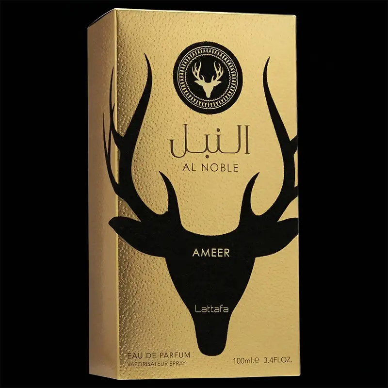 Front view of the luxury gold embossed packaging for Lattafa Al Noble Ameer fragrance.