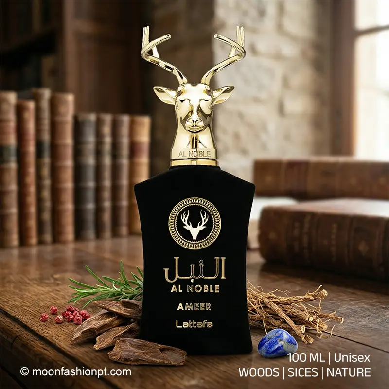 Artistic display of Al Noble Ameer perfume bottle with physical ingredients including rosemary, pink pepper, and oud wood on a wooden library desk.