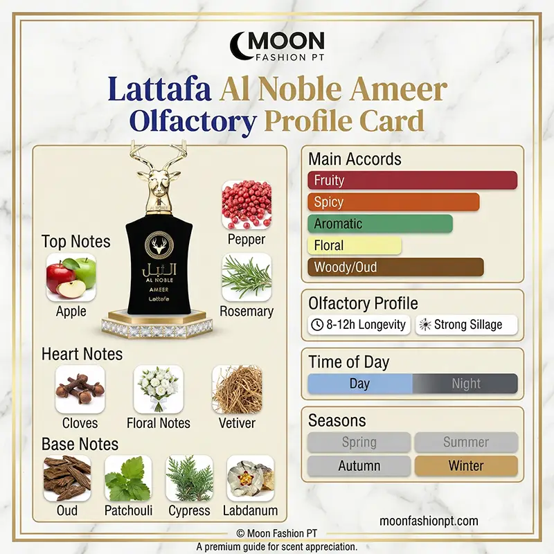 Olfactory profile card for Al Noble Ameer detailing top notes of apple and rosemary with oud and patchouli base.