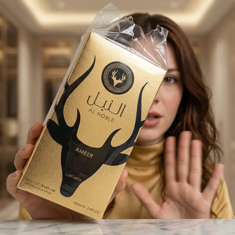 Model showing the original sealed gold box of Al Noble Ameer by Lattafa Perfumes.
