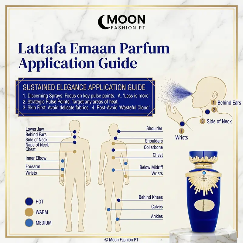 Application guide for Lattafa Emaan women's 100ml EDP showing pulse points for maximum scent longevity.