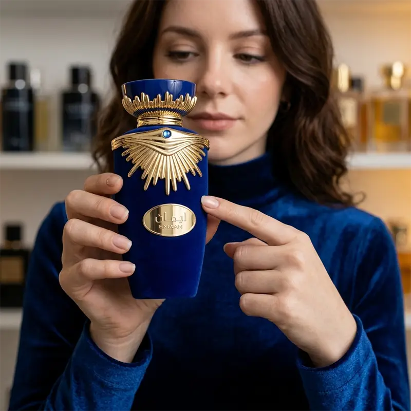 Close-up of the gold brand label on the blue velvet Lattafa Emaan women's perfume bottle.