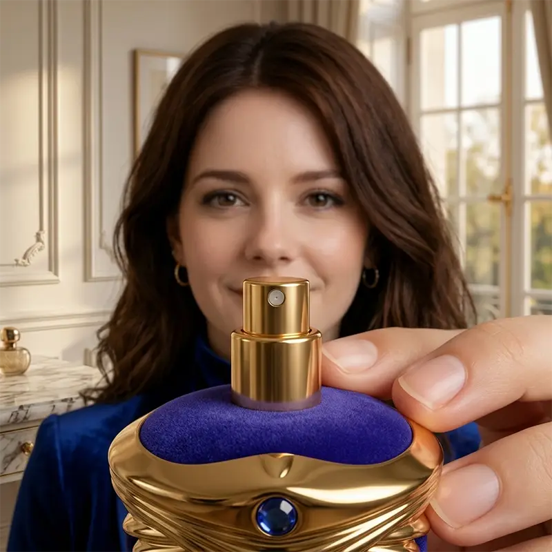 Macro detail of the gold spray nozzle and blue gem on the Lattafa Emaan women's perfume bottle.