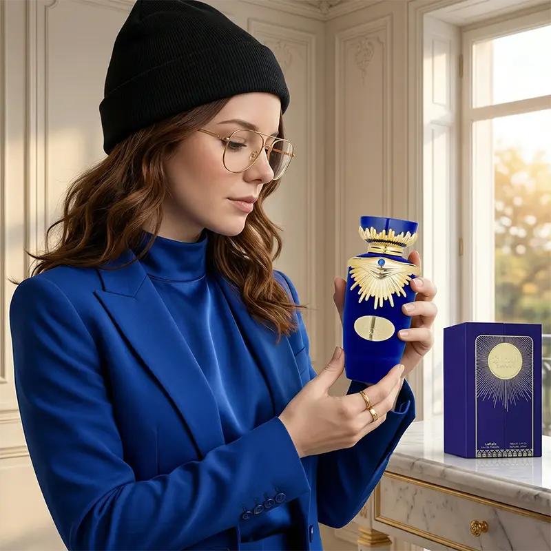 Elegant woman holding the blue velvet Lattafa Emaan 100ml EDP bottle, highlighting its luxury design.