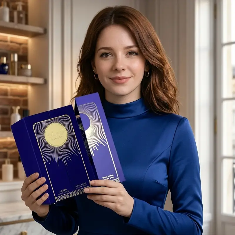 Presentation of Lattafa Emaan 100ml EDP women's perfume packaging in a high-end boutique setting.