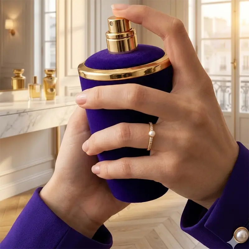Detailed close-up of a finger pressing the gold atomizer on the Lattafa Emaan 100ml EDP velvet bottle.