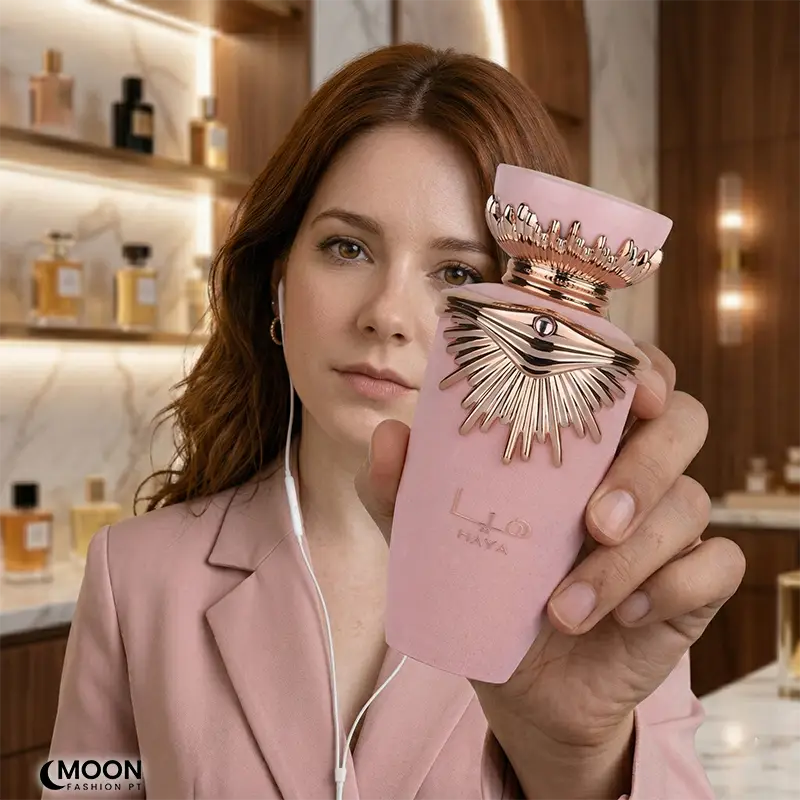 Lattafa Haya for women Eau de Parfum handheld view, highlighting the premium pink and gold aesthetic.