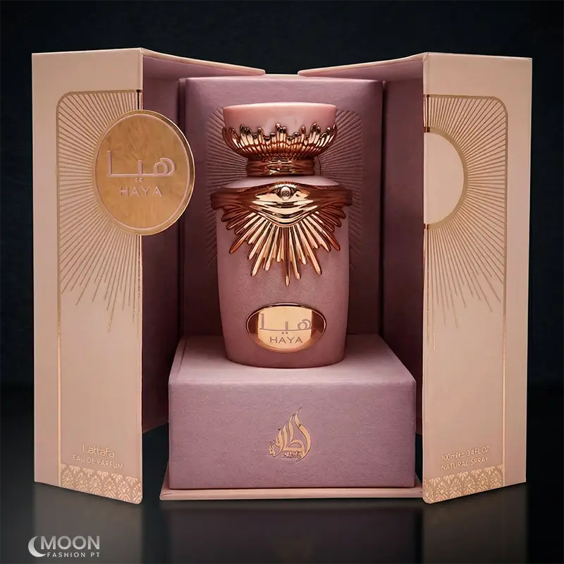 Unboxing experience of Lattafa Haya for women, showing the 3.4 oz bottle in its premium display gift box.