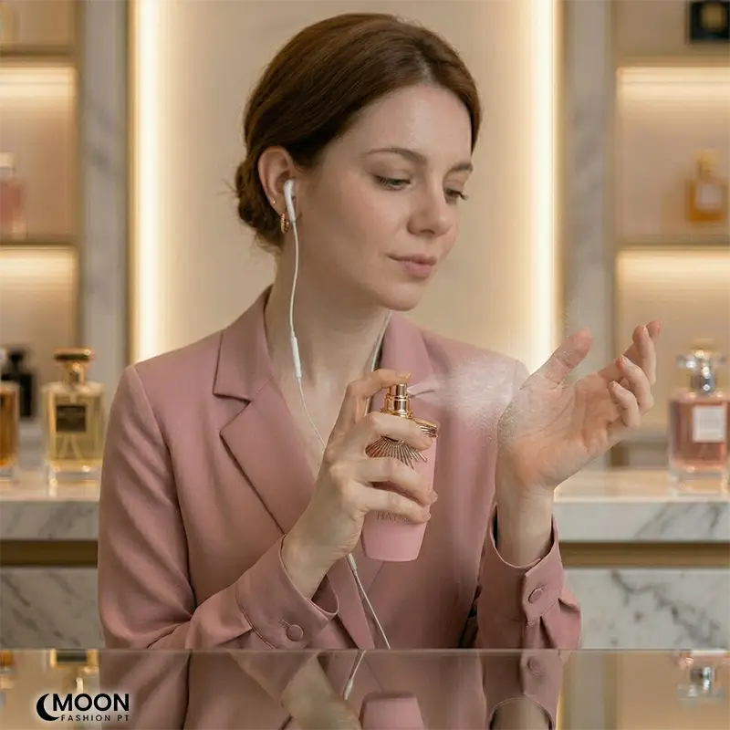 Spraying Lattafa Haya for women on the wrist, demonstrating the long-lasting fine mist of this amber wood scent.